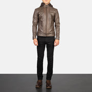 Men's Hector Marrone Hooded Giacca Biker in Pelle da Uomo - Lateral Side Profile View Showing Sleeve Cut &amp; Athletic Taper Fit