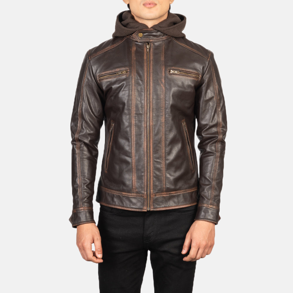 
Dettaglio ravvicinato of Band with Snap Button & Zipper Hardware on Hector Marrone Vintage Hooded Giacca Biker in Pelle da Uomo