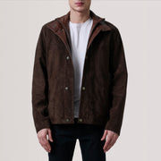 Tailored Rib Cuffs &amp; Hem Craftsmanship Construction Detail on Henrik Grey Suede Cafe Racer For Men