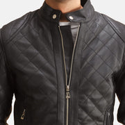 Dettaglio ravvicinato of Band with Snap Button &amp; Zipper Hardware on Henry Trapuntato Nero Giacca in Pelle da Uomo