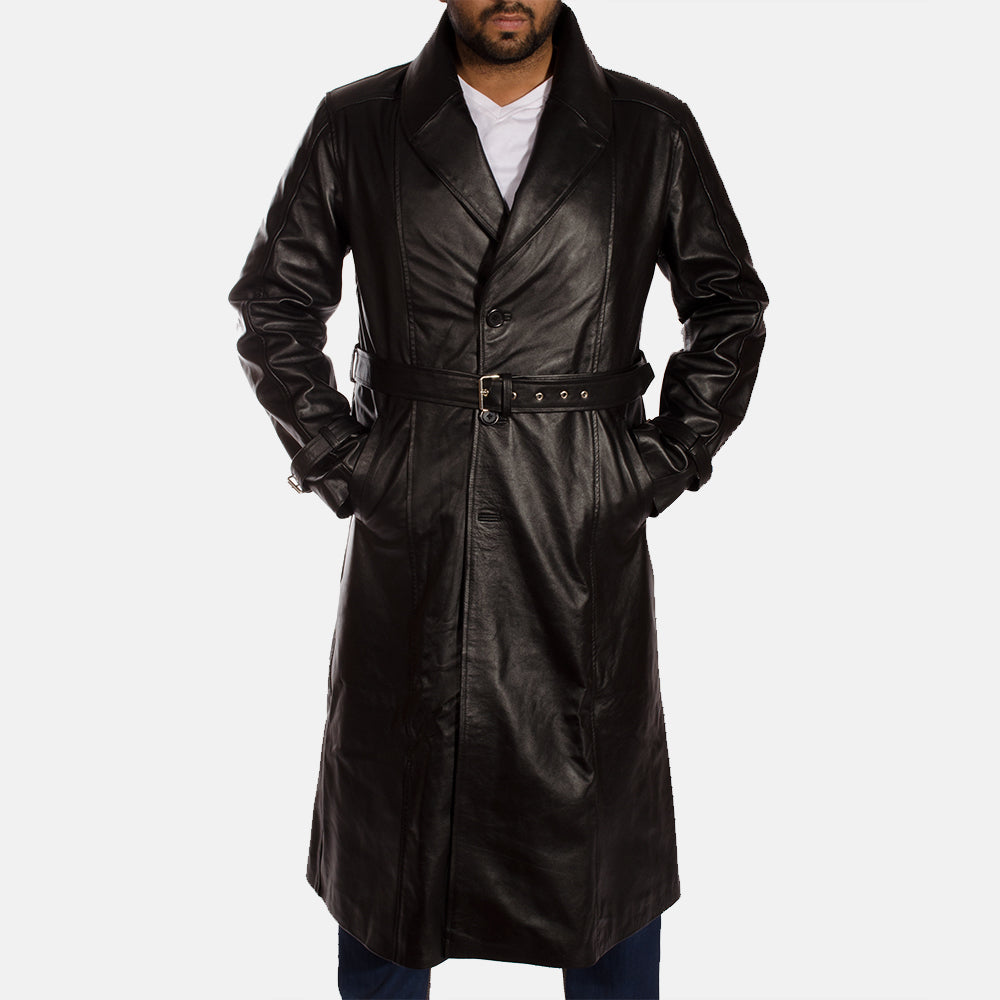 
Black Cowhide Leather Trench Coat - Vista posteriore con spalle definite e orlo pulito