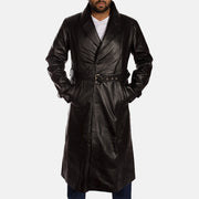 
Black Cowhide Leather Trench Coat - Vista posteriore con spalle definite e orlo pulito