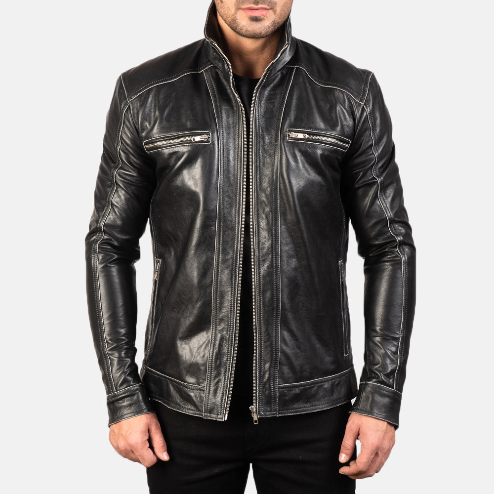 Hudson Black Leather Biker Jacket in Black Cowhide Leather - Vista frontale e linea su misura | Acquista online