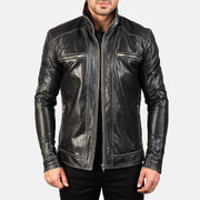 Hudson Black Leather Biker Jacket in Black Cowhide Leather - Vista frontale e linea su misura | Acquista online