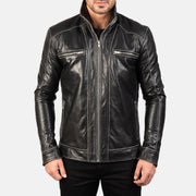 Dettaglio ravvicinato of High neck Band &amp; Zipper Hardware on Hudson Black Leather Biker Jacket