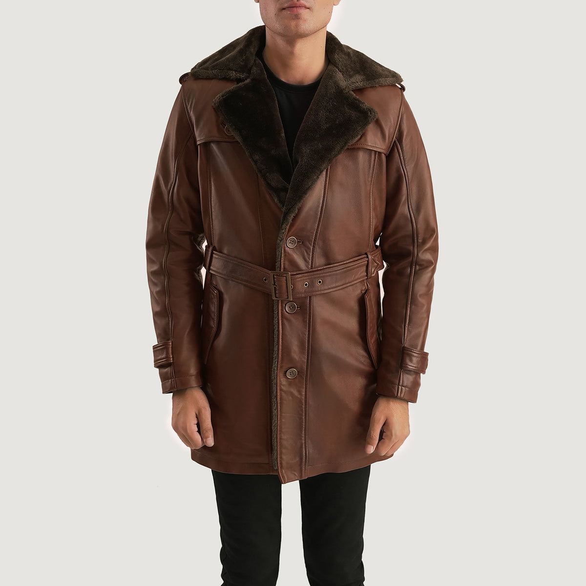 Men's Hunter Effetto Usurato Marrone Fur Cappotto in Pelle da Uomo in Distressed Brown Sheepskin Burnishing - Vista frontale e linea su misura | Acquista online