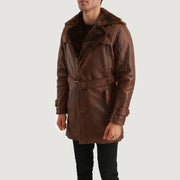Distressed Brown Sheepskin Burnishing Winter Jacket - Vista posteriore Showing Tailored Shoulder Fit &amp; Clean Hemline