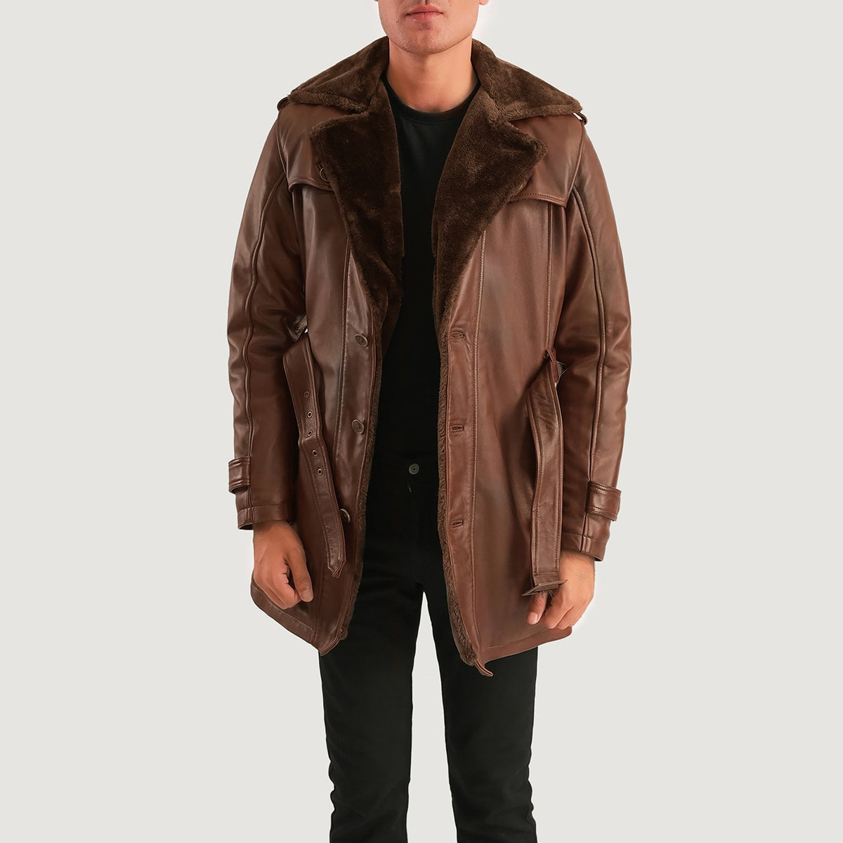 Men's Hunter Effetto Usurato Marrone Fur Cappotto in Pelle da Uomo - Lateral Side Profile View Showing Sleeve Cut &amp; Athletic Taper Fit