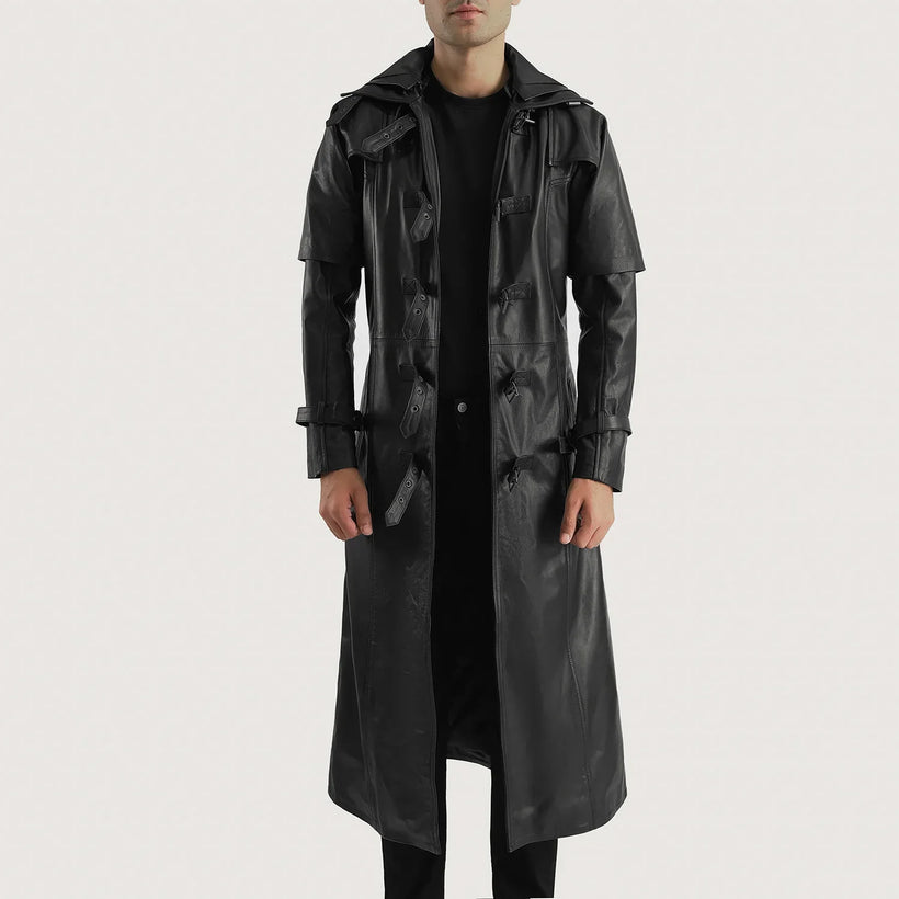 Huntsman Nero Hooded Trench in Pelle da Uomo