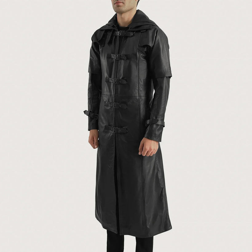 Huntsman Nero Hooded Trench in Pelle da Uomo