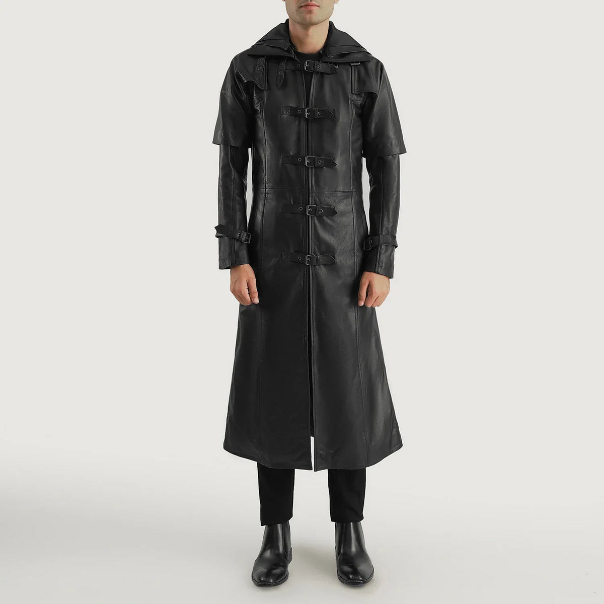 
Huntsman Nero Hooded Trench in Pelle da Uomo - Vista laterale che mostra il taglio ergonomico delle maniche