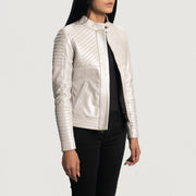 
Silver Sheepskin Leather Biker Jacket - Vista posteriore con spalle definite e orlo pulito