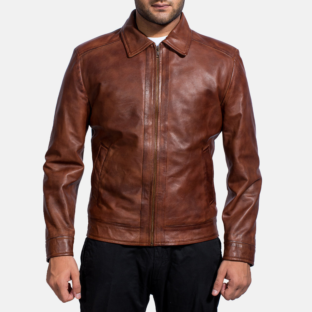 Open hem &amp; Hem Craftsmanship Construction Detail on Men's Inferno Marrone Giacca in Pelle da Uomo