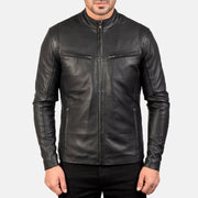 Dettaglio ravvicinato of Band &amp; Zipper Hardware on Men's Ionic Black Leather Jacket