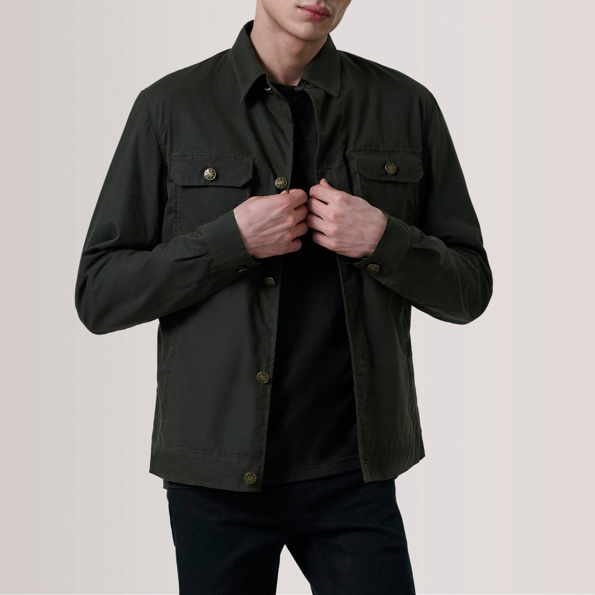 Irwin Olive Waxed Canvas Field Jacket For Men in Olive Waxed Cotton Canvas - Front Profile View & Tailored Silhouette | Buy Online