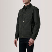 Irwin Olive Waxed Canvas Field Giacca in Pelle da Uomo For Men - Lateral Side Profile View Showing Sleeve Cut &amp; Athletic Taper Fit