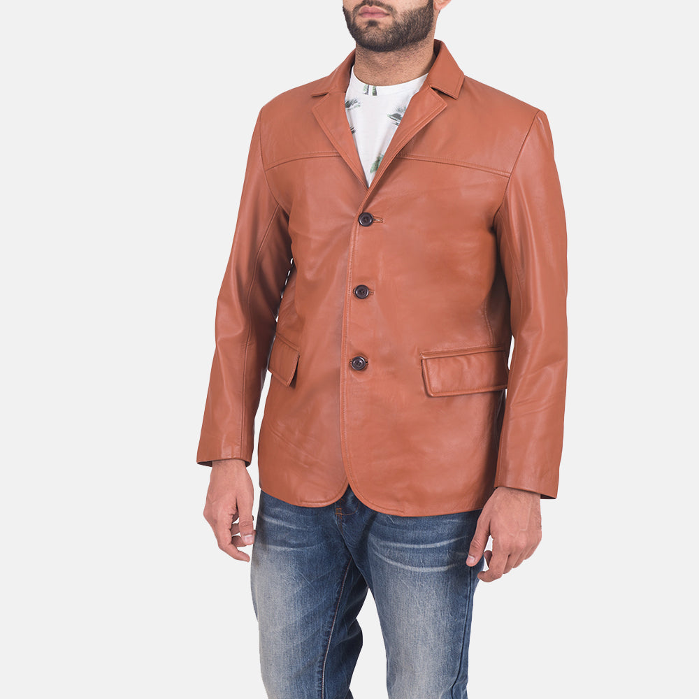 Brown Sheepskin leather Blazer - Vista posteriore Showing Tailored Shoulder Fit &amp; Clean Hemline