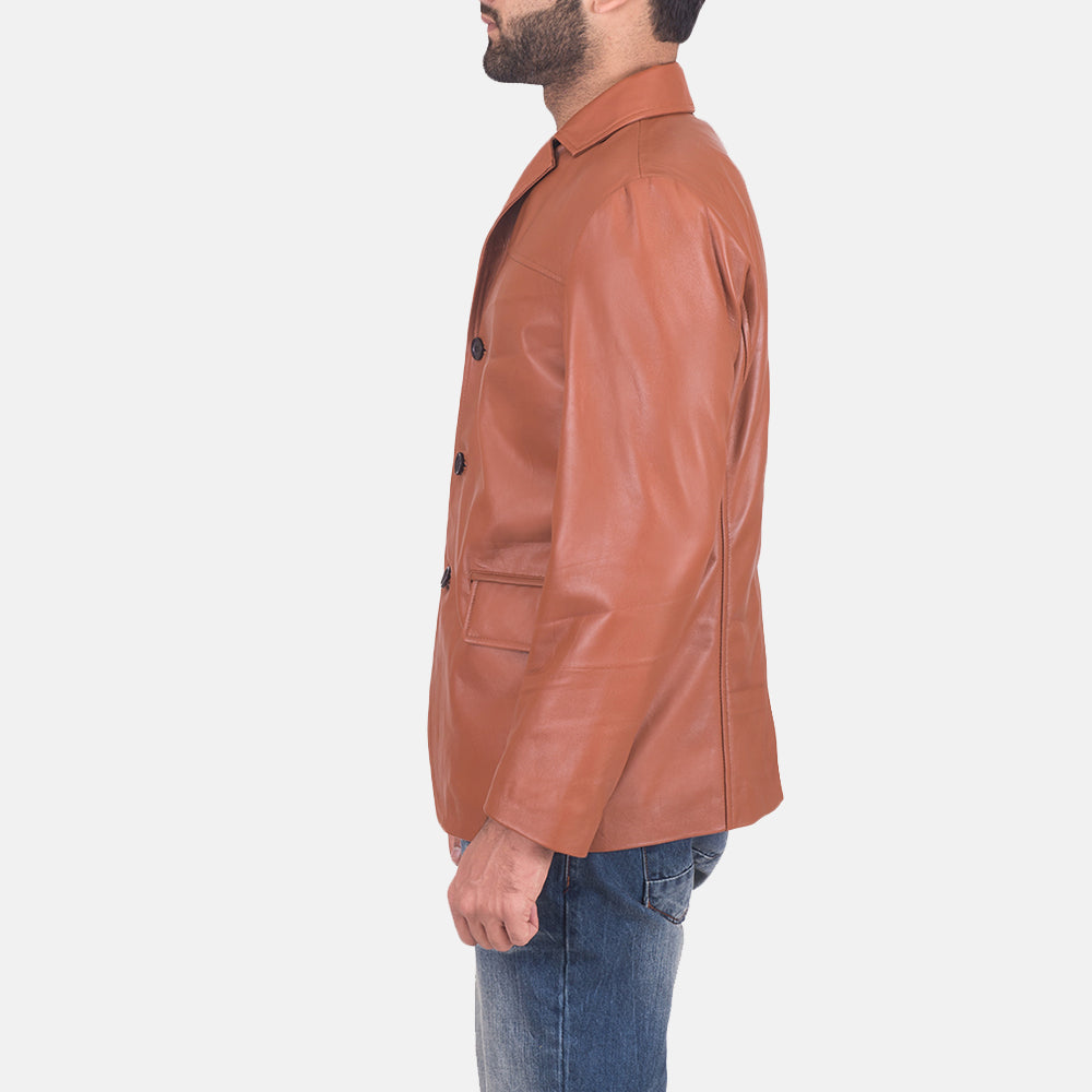 James Cuoio Marrone Blazer in Pelle in Pelle da Uomo - Lateral Side Profile View Showing Sleeve Cut &amp; Athletic Taper Fit