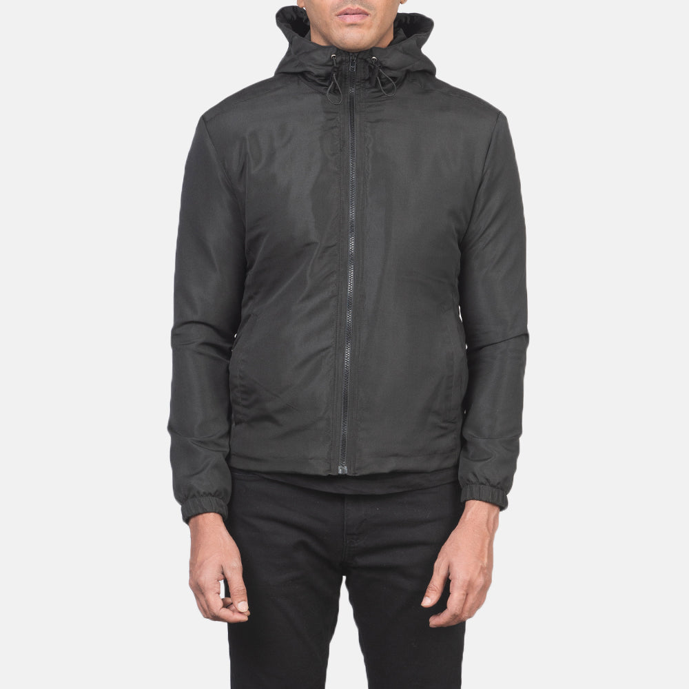 
Dettaglio ravvicinato of High Neck with Hood & Zipper with wind flap Hardware on Jimmy Nero Hooded Windbreaker Giacca in Pelle da Uomo