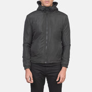 
Dettaglio ravvicinato of High Neck with Hood & Zipper with wind flap Hardware on Jimmy Nero Hooded Windbreaker Giacca in Pelle da Uomo