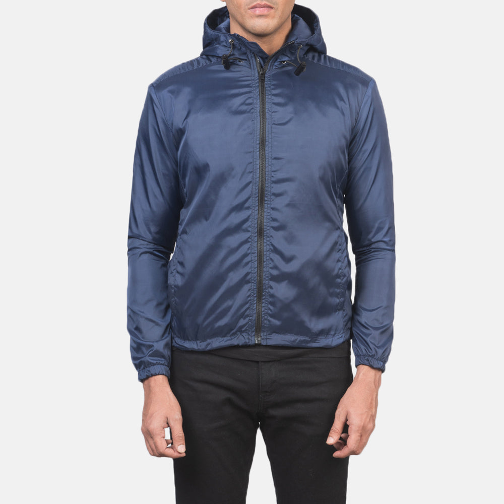 Men's Jimmy Blu Hooded Windbreaker Giacca in Pelle da Uomo in Blue Nylon - Vista frontale e linea su misura | Acquista online