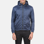 Men's Jimmy Blu Hooded Windbreaker Giacca in Pelle da Uomo in Blue Nylon - Vista frontale e linea su misura | Acquista online