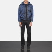 Men's Jimmy Blu Hooded Windbreaker Giacca in Pelle da Uomo - Lateral Side Profile View Showing Sleeve Cut &amp; Athletic Taper Fit