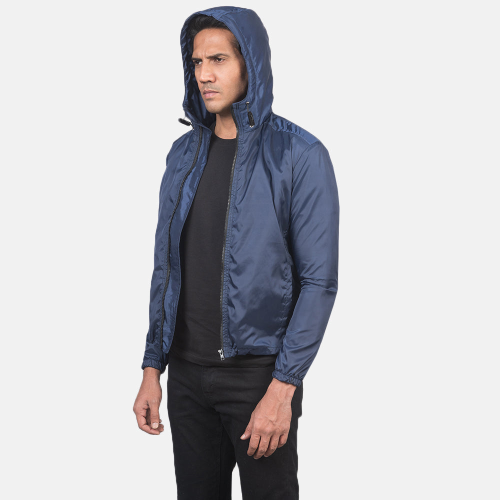 Dettaglio ravvicinato of High Neck with Hood & Zipper with wind flap Hardware on Jimmy Blue Hooded Windbreaker Jacket