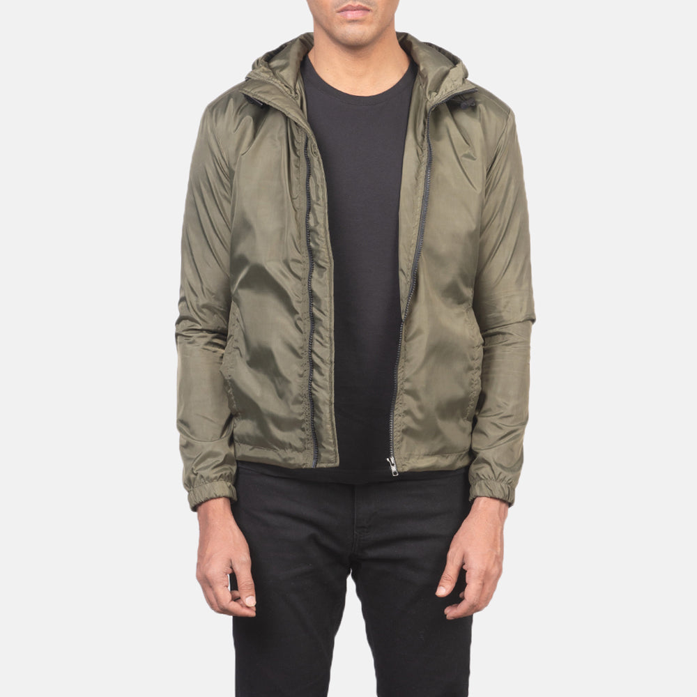 Men's Jimmy Verde Hooded Windbreaker Giacca in Pelle da Uomo in Green Nylon - Vista frontale e linea su misura | Acquista online