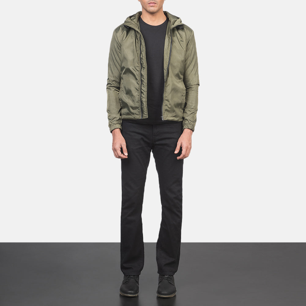 Men's Jimmy Verde Hooded Windbreaker Giacca in Pelle da Uomo - Lateral Side Profile View Showing Sleeve Cut &amp; Athletic Taper Fit