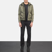 Men's Jimmy Verde Hooded Windbreaker Giacca in Pelle da Uomo - Lateral Side Profile View Showing Sleeve Cut &amp; Athletic Taper Fit
