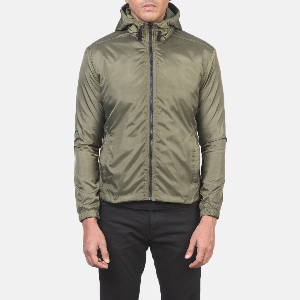 Dettaglio ravvicinato of High Neck with Hood & Zipper with wind flap Hardware on Jimmy Green Hooded Windbreaker Jacket