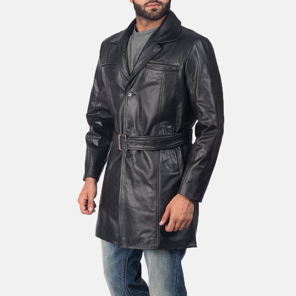 Black Cowhide leather Coat - Vista posteriore Showing Tailored Shoulder Fit &amp; Clean Hemline