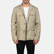 Kajetan Beige Safari Giacca in Pelle da Uomo in Beige Poly-Cotton - Vista frontale e linea su misura | Acquista online