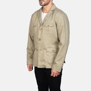 Beige Poly-Cotton Leather Blazer - Vista posteriore Showing Tailored Shoulder Fit &amp; Clean Hemline