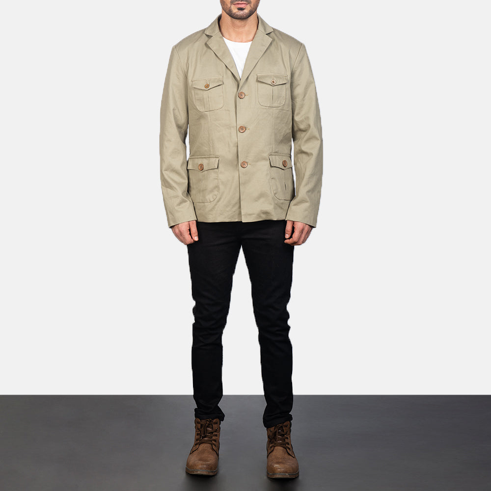 Kajetan Beige Safari Giacca in Pelle da Uomo - Lateral Side Profile View Showing Sleeve Cut &amp; Athletic Taper Fit