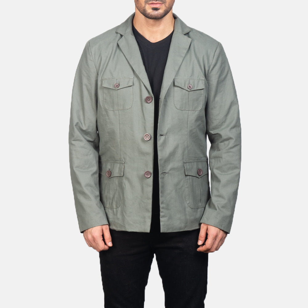 Kajetan Grigio Safari Giacca in Pelle da Uomo in Grey Poly-Cotton - Vista frontale e linea su misura | Acquista online