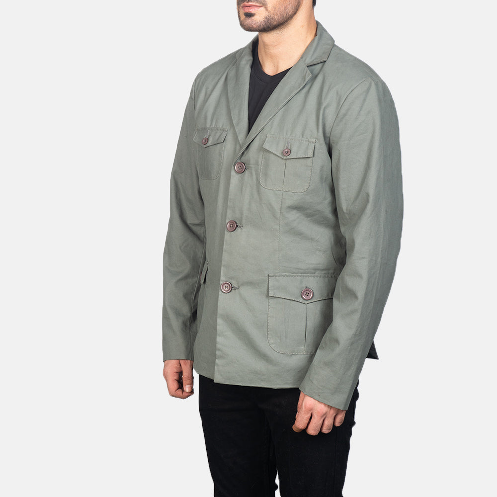 Grey Poly-Cotton Leather Blazer - Vista posteriore Showing Tailored Shoulder Fit &amp; Clean Hemline
