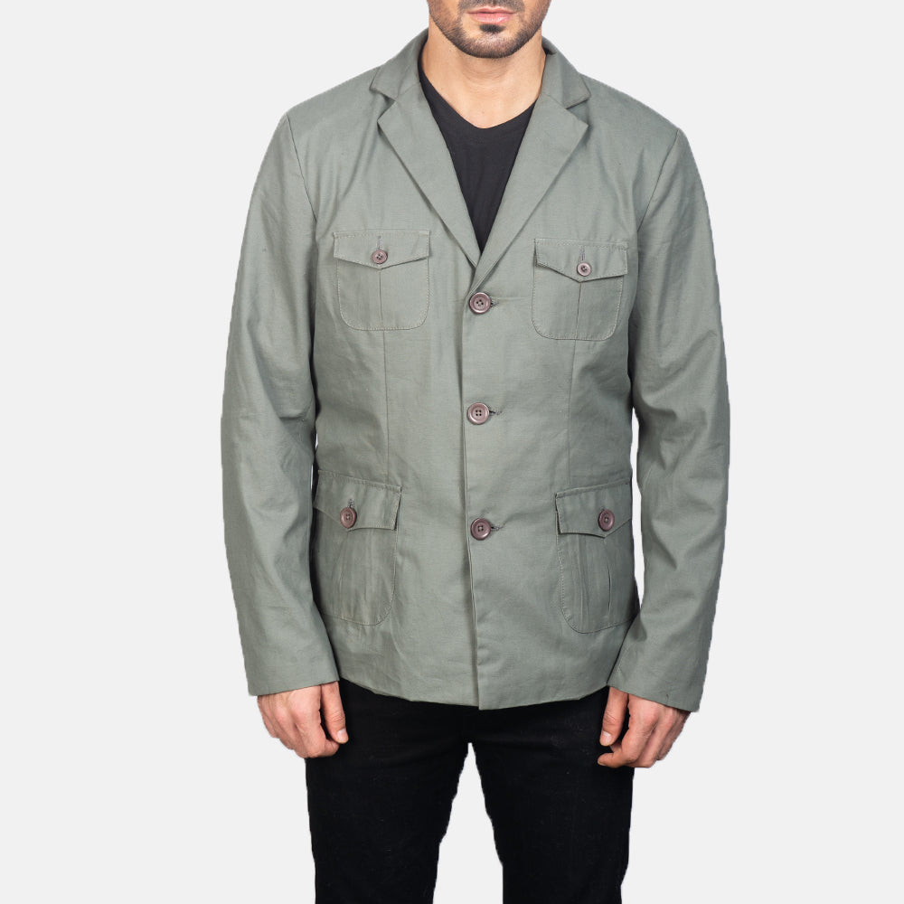 Dettaglio ravvicinato of Notch &amp; Button Hardware on Kajetan Grigio Safari Giacca in Pelle da Uomo