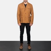 Kajetan Khaki Safari Giacca in Pelle da Uomo - Lateral Side Profile View Showing Sleeve Cut &amp; Athletic Taper Fit