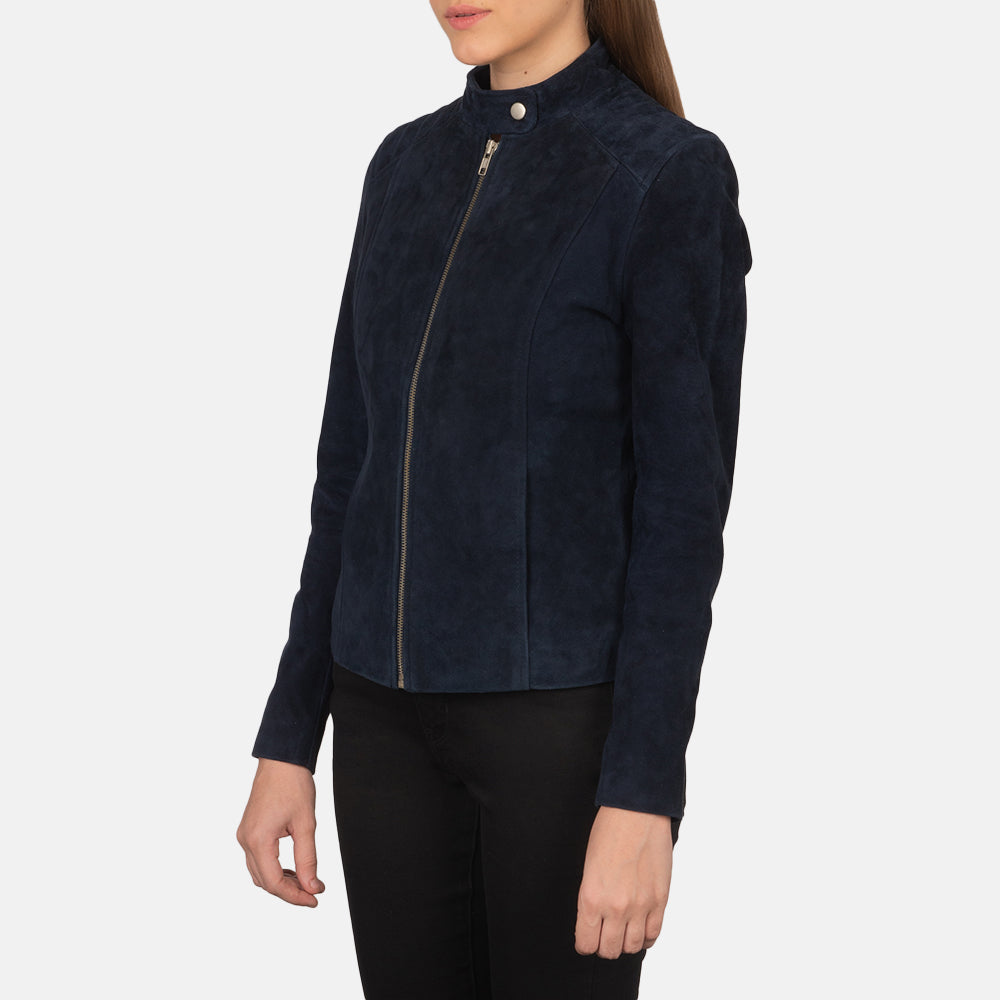Navy Blue Goatskin Suede Biker Jacket - Vista posteriore Showing Tailored Shoulder Fit &amp; Clean Hemline