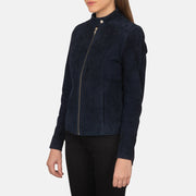 Navy Blue Goatskin Suede Biker Jacket - Vista posteriore Showing Tailored Shoulder Fit &amp; Clean Hemline