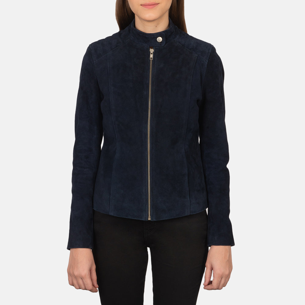 Dettaglio ravvicinato of Band with snap button &amp; Zipper Hardware on Women's Kelsee Navy Blue Suede Biker Jacket