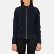 Dettaglio ravvicinato of Band with snap button &amp; Zipper Hardware on Women's Kelsee Navy Blue Suede Biker Jacket
