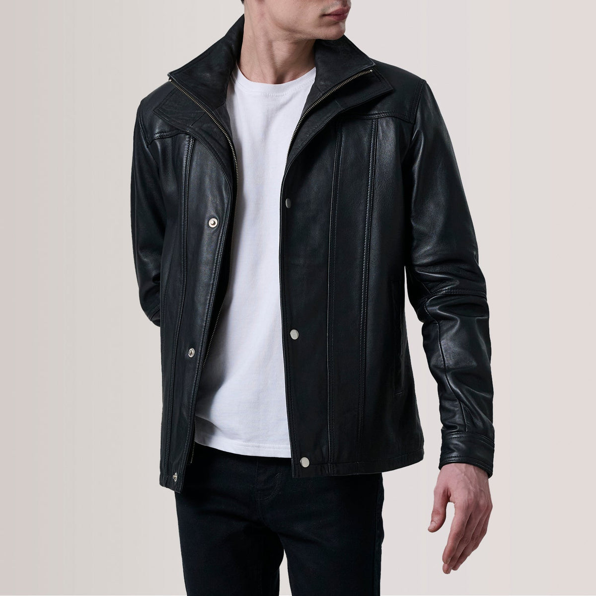 Klen Brown Classic Jacket For Men in Brown Sheepskin Leather - Vista frontale e linea su misura | Acquista online