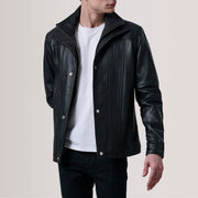 Klen Brown Classic Jacket For Men in Brown Sheepskin Leather - Vista frontale e linea su misura | Acquista online