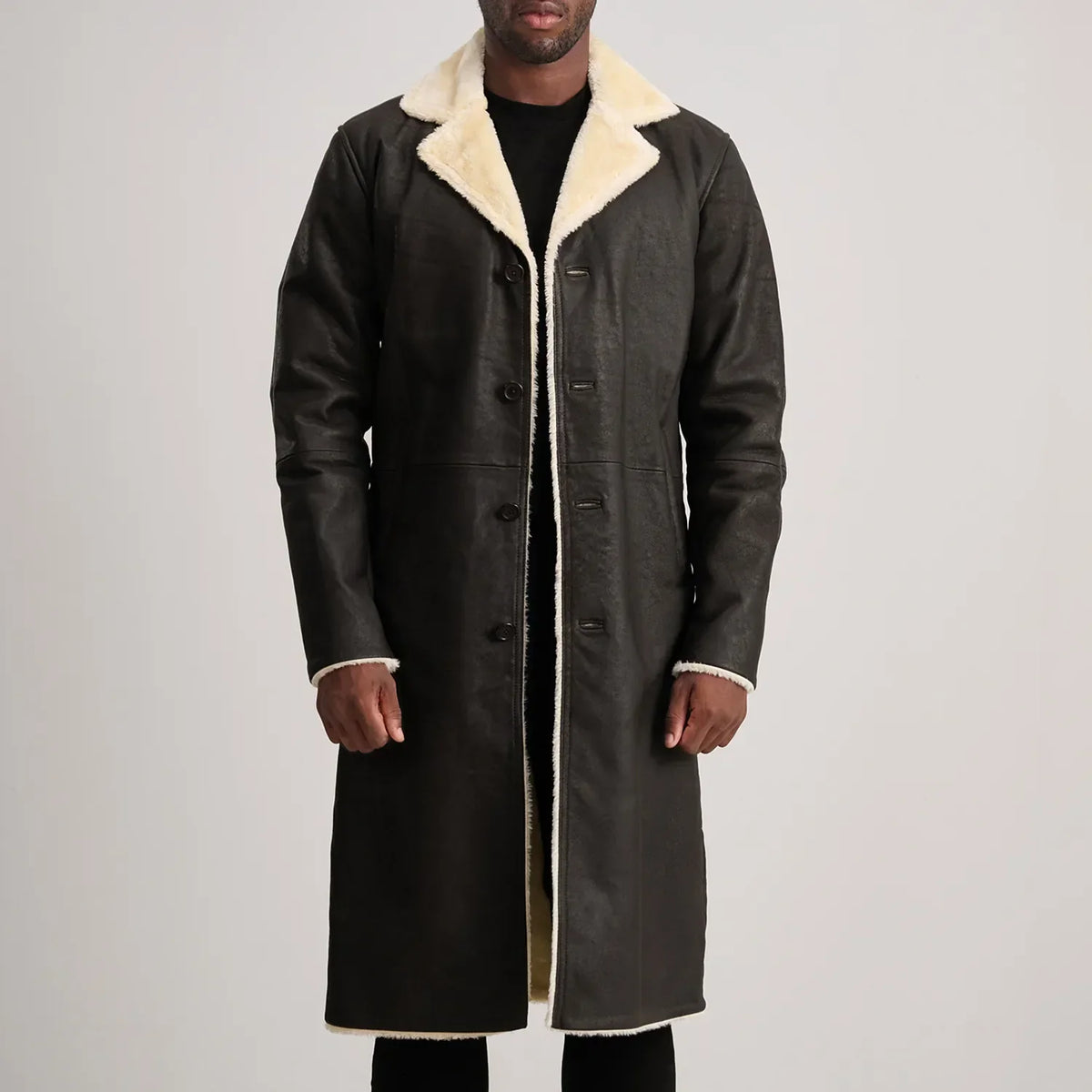 Kolby Tumbled Brown Shearling Long Coat in Brown Sheepskin Snuffed - Vista frontale e linea su misura | Acquista online
