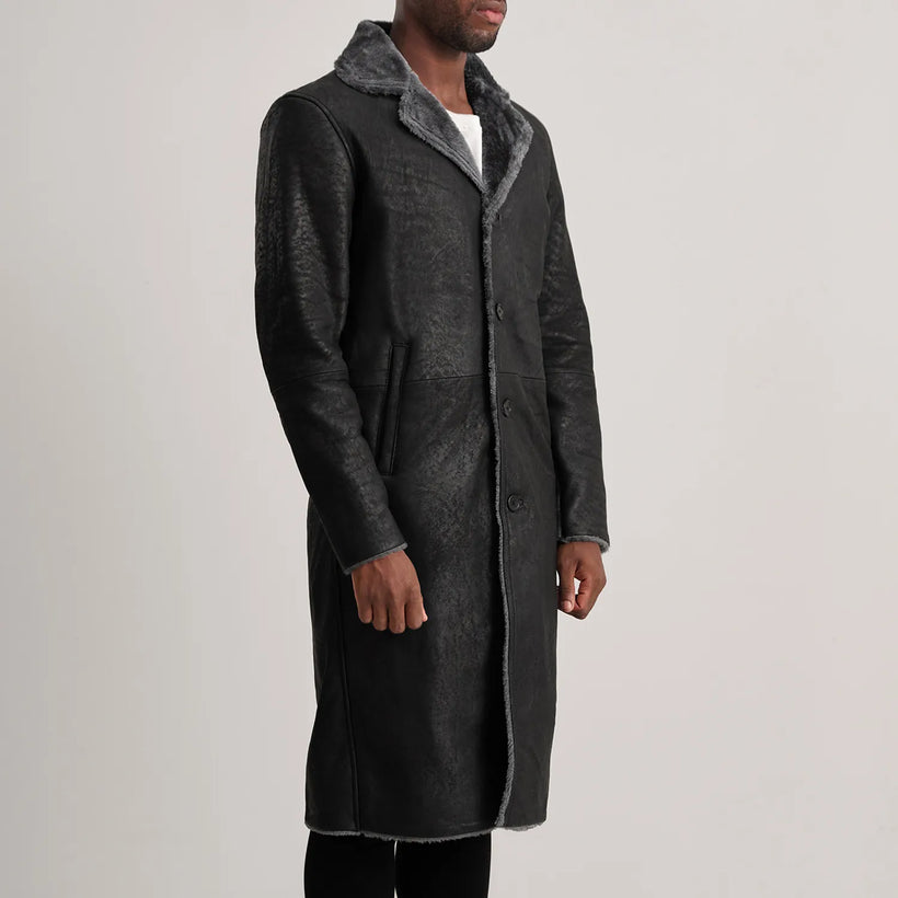 Kolby Nero Invecchiato Leather Shearling Cappotto in Pelle da Uomo