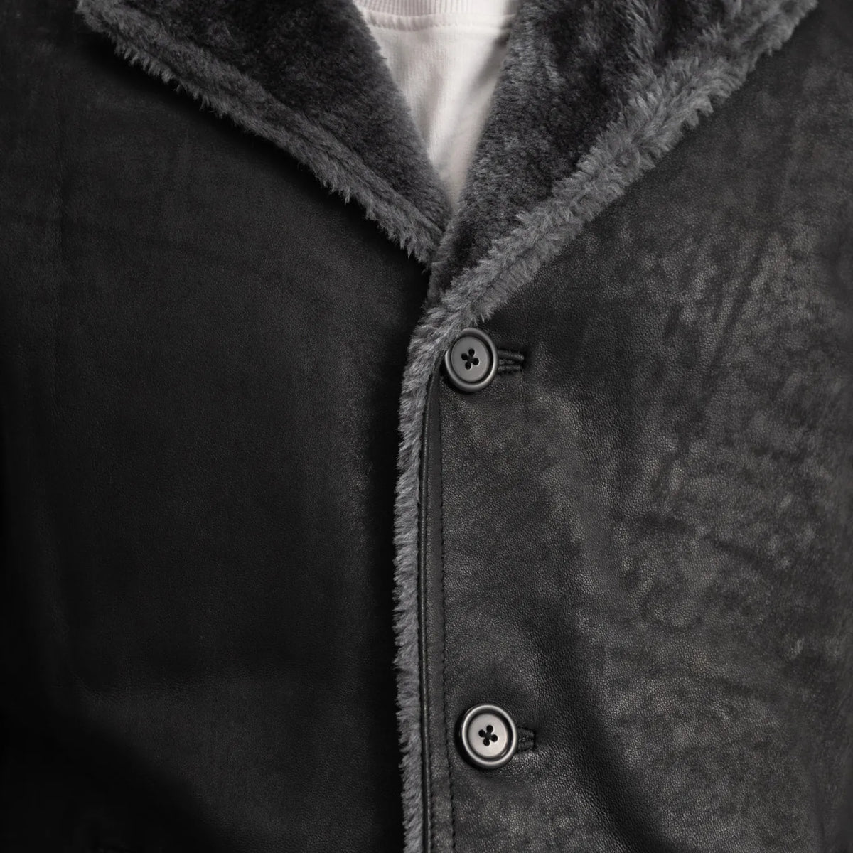
Dettaglio ravvicinato of Notch & Button Hardware on Kolby Distressed Black Shearling Long Coat
