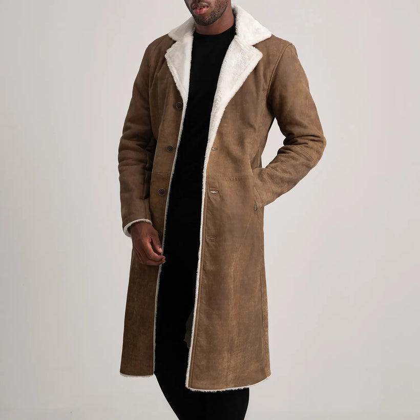 Kolby Marrone Invecchiato Leather Shearling Cappotto in Pelle da Uomo